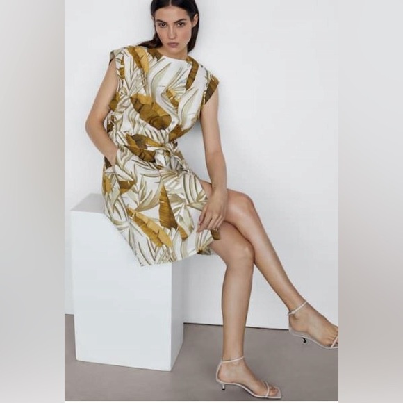 Massimo Dutti Leaves Print 100% Linen Belt Dress Two Pockets Sz M EU38 - Picture 9 of 17